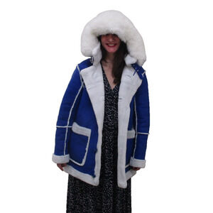 Jordan Craig Coat Womens Small Blue Faux Leather Hooded Fur Trim Shearling Parka